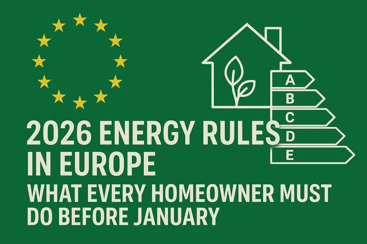 Infographie sur fond vert avec drapeau européen et pictogramme maison/étiquette énergie pour les règles 2026
