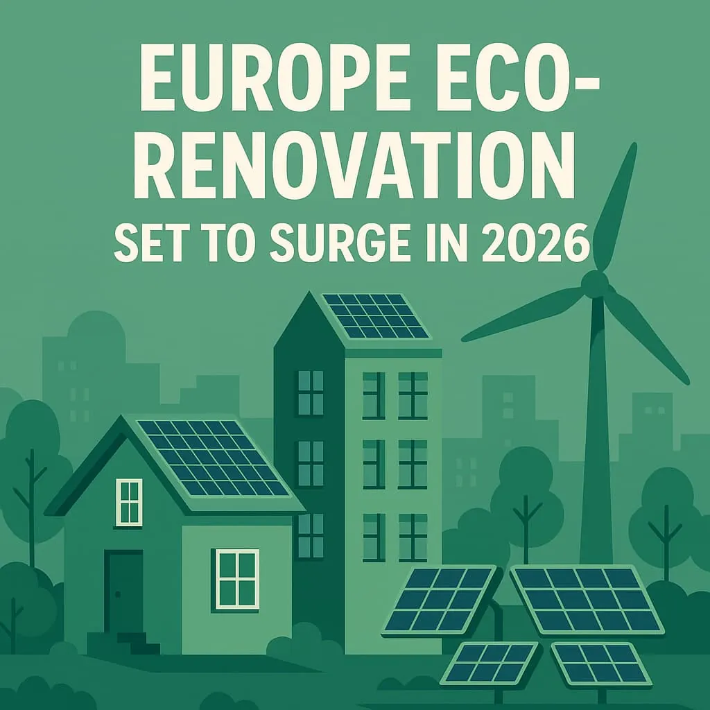 Map of Europe and a home under renovation with energy and savings icons over a winter bill