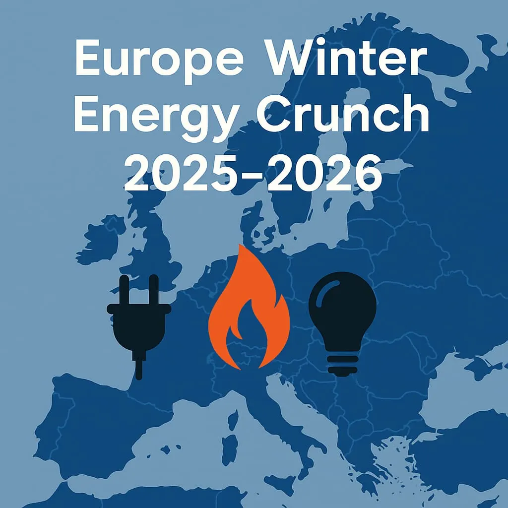Maison européenne en hiver avec lumières allumées et compteur d’énergie, symbolisant la crise énergétique 2025-2026